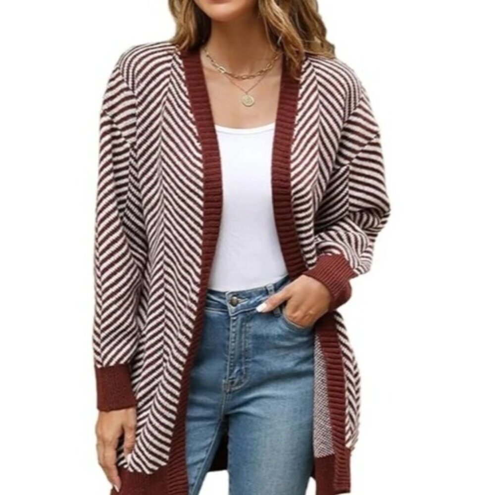 Fortune + Ivy Women's Chevron Striped Duster Cardigan Brown Ivory Size M NWOT